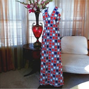 Vintage color block red and blue maxi halter dress